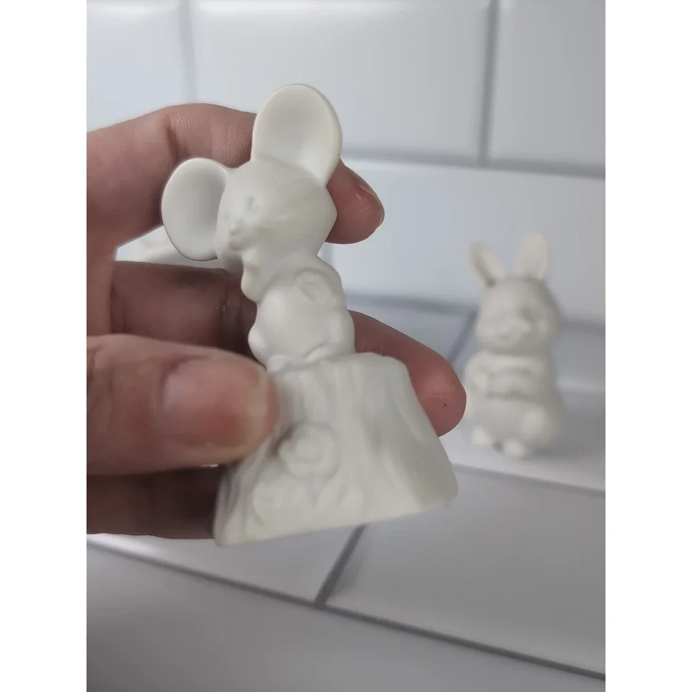 Hallmark Lot Of 3 Vintage Figurines Bunny, Mouse, & Mice Under A Mushroom Bisque